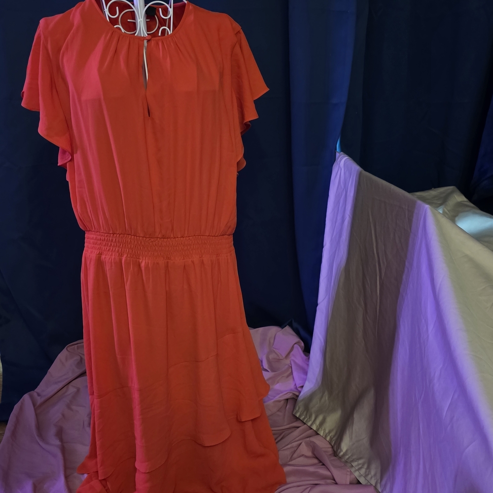 Tahari XL Keyhole Flutter Sleeve Smocked Waist Dress